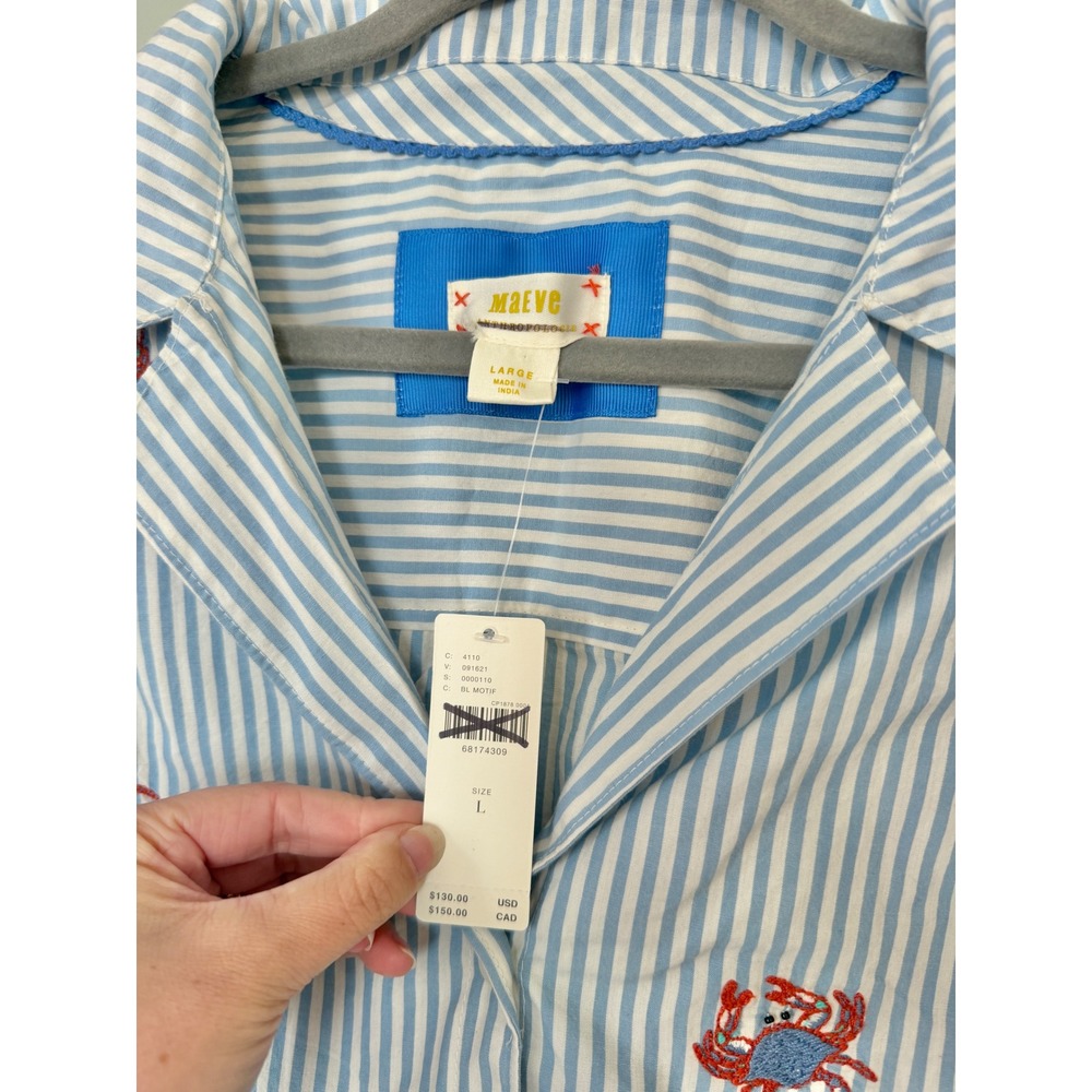 Maeve Blue White Striped Embroidered Cotton Crab Cropped Button Down Shirt L NWT - Picture 5 of 8